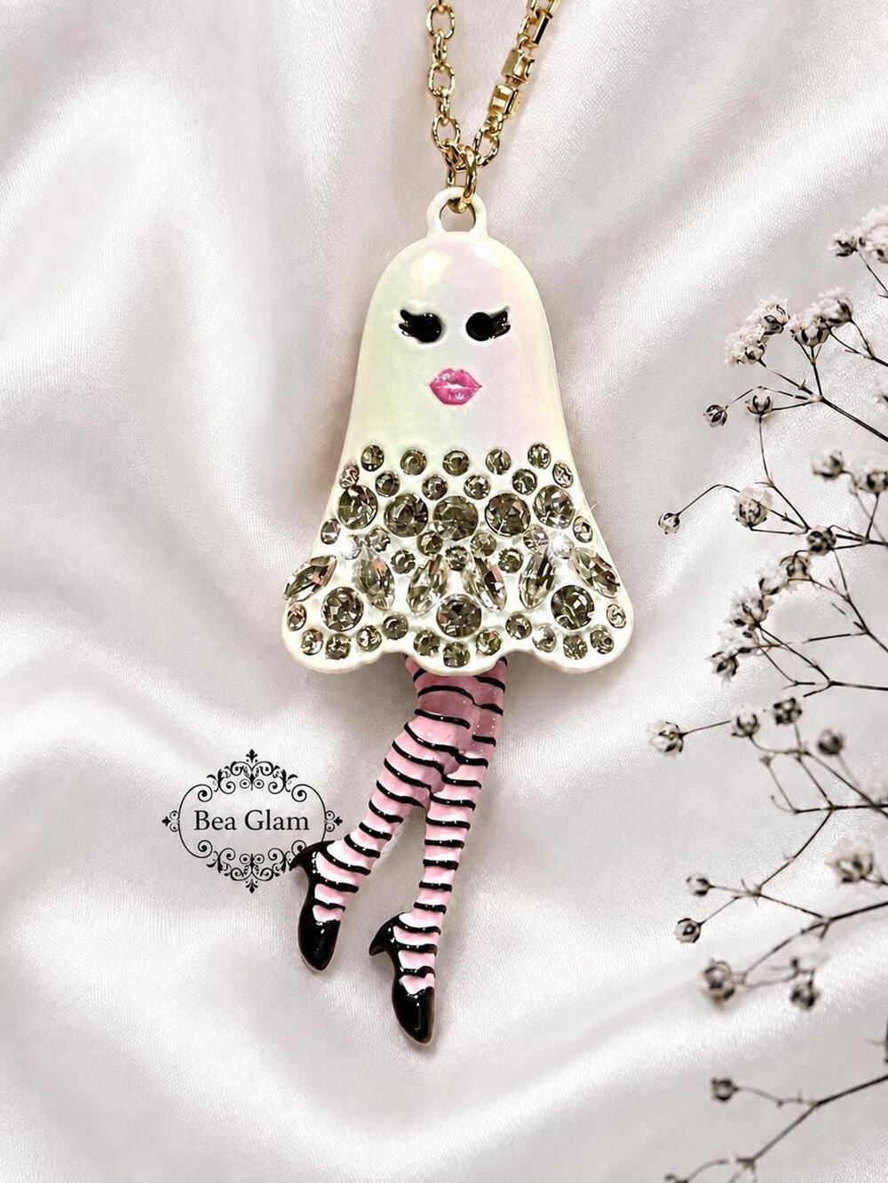 Betsey Johnson Girly Ghost Necklace: Rhinestone Pendant, Pink Stockings